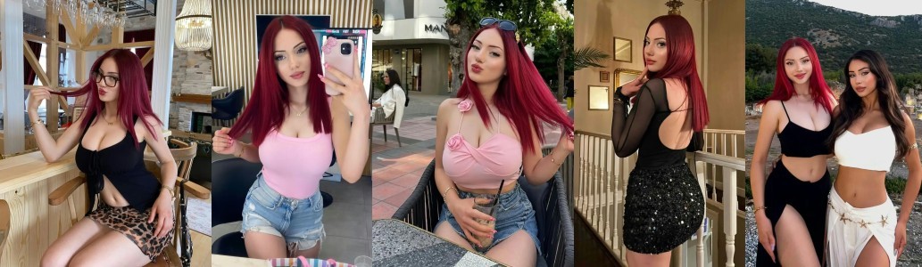Red-haired woman in a black crop top and leopard-print shorts sits at a cafe bar, posing sideways with glasses on.