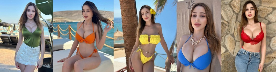 Collage of five women wearing colorful bikinis posing at a sunny beach resort by a pool and palm trees.