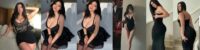 Collage of a woman posing in six outfits: lace black top with short black skirt, black lingerie set with ruffled skirt, repeated pose in black lingerie, in a doorway taking a selfie, and two elegant long black gowns on stairs.
