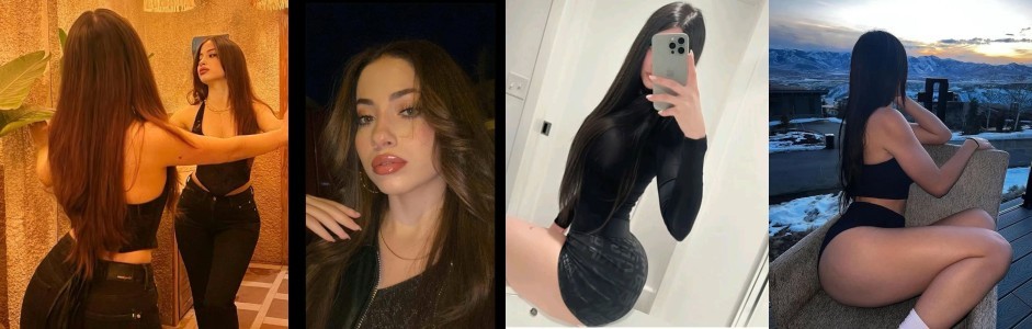 Collage of four photos: two women in black outfits in a dressing room, a close-up portrait of a woman with long dark hair and bold makeup, a mirror selfie of a woman in a tight black dress, and a woman in a black swimsuit sitting on an outdoor balcony with snowy mountains in the background.